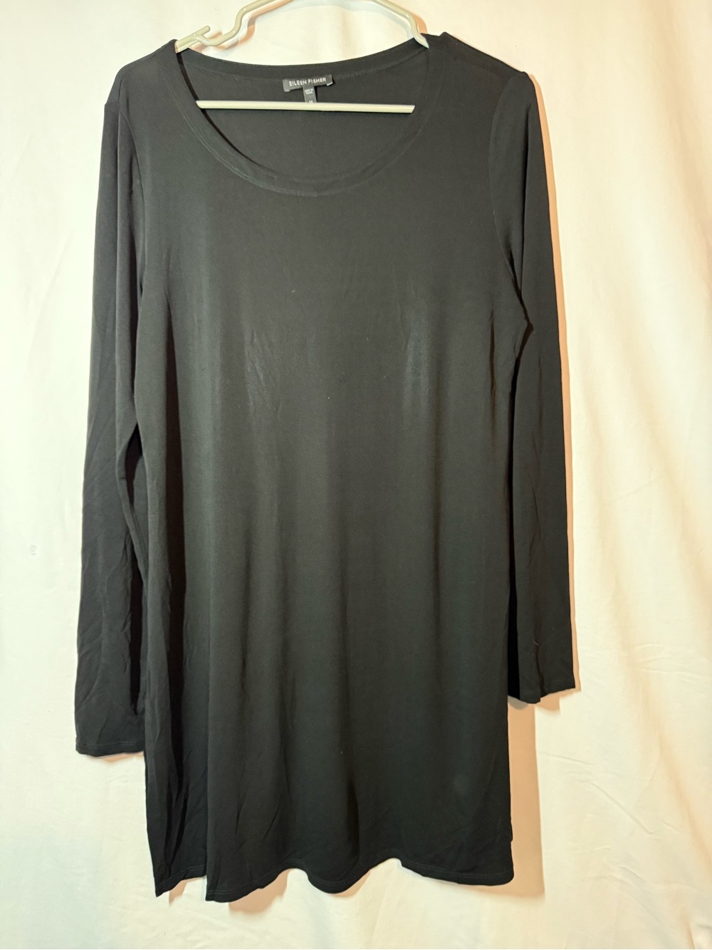 Eileen Fisher 100% Silk Black Shift Mini Dress Tunic Long Sleeve M